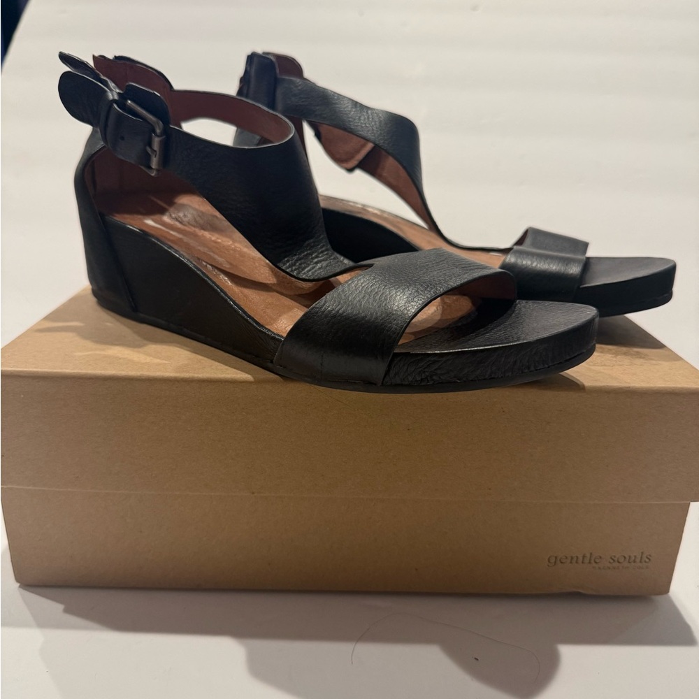 gentle souls Black Leather Wedge Sandals with Ankle Strap size 9
